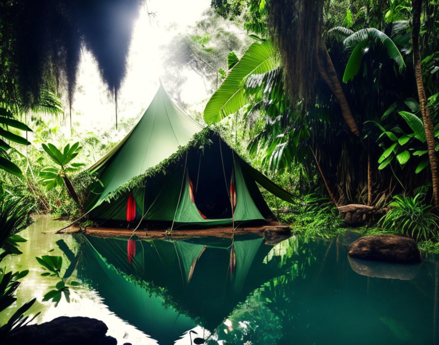 Green tent by tranquil pond in lush misty jungle with verdant foliage and hanging vines.