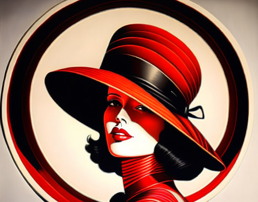 Woman with Stylish Hat and Red Lipstick in Bold Lines - Vintage Vibe