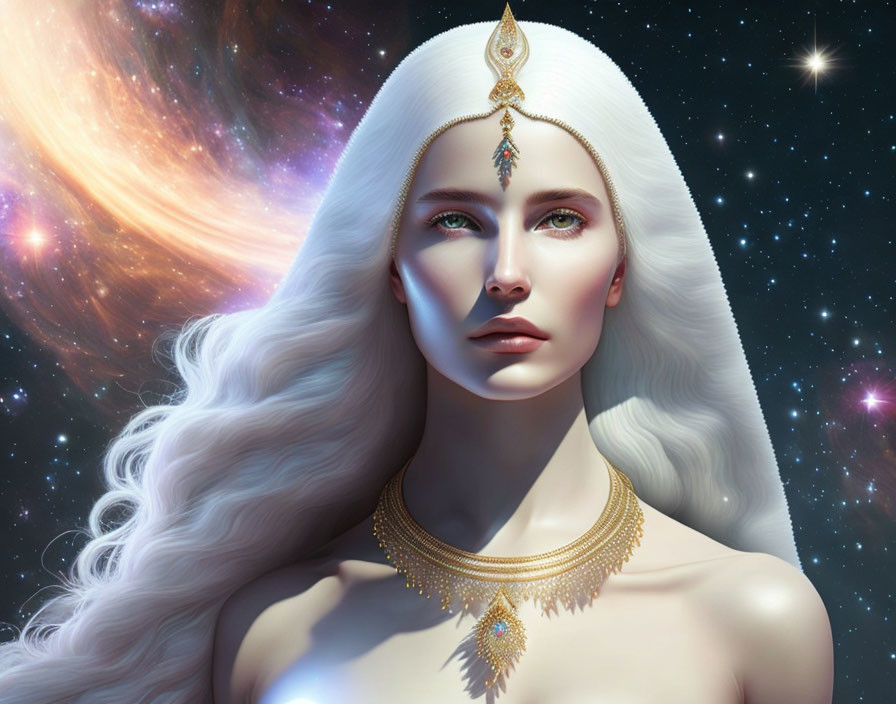 Ethereal woman with long white hair and gold jewelry in cosmic setting