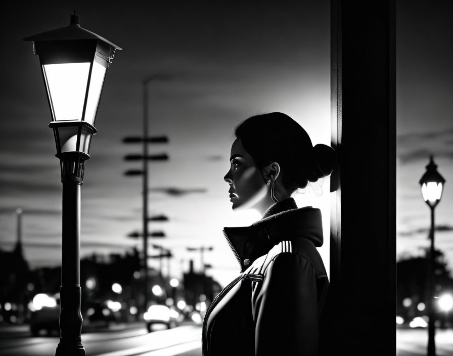 Monochrome image of woman's profile by lamppost at dusk