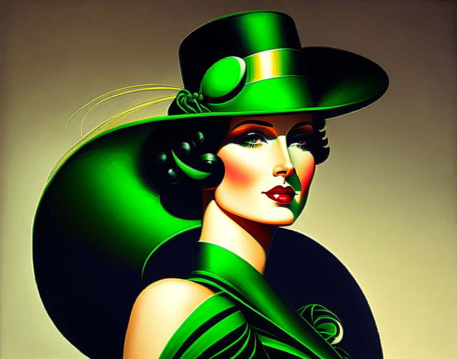 Stylized portrait of person in vibrant green attire with bold lips