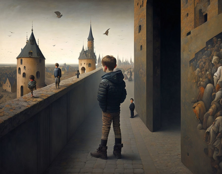 Boy observes surreal castles and explorers in ambiguous environment