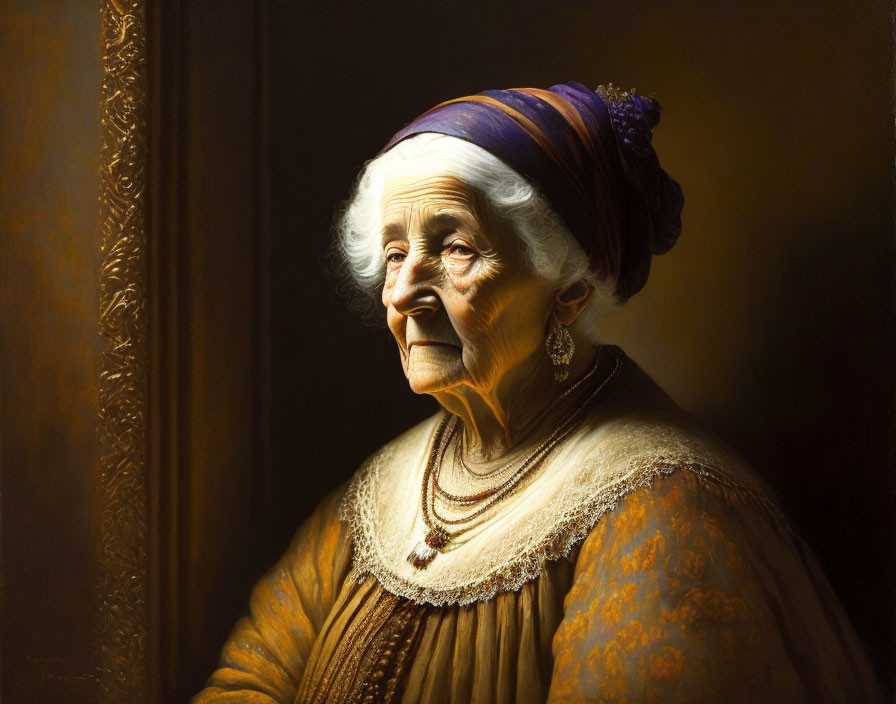 Elderly woman portrait in purple headscarf and pearl necklace