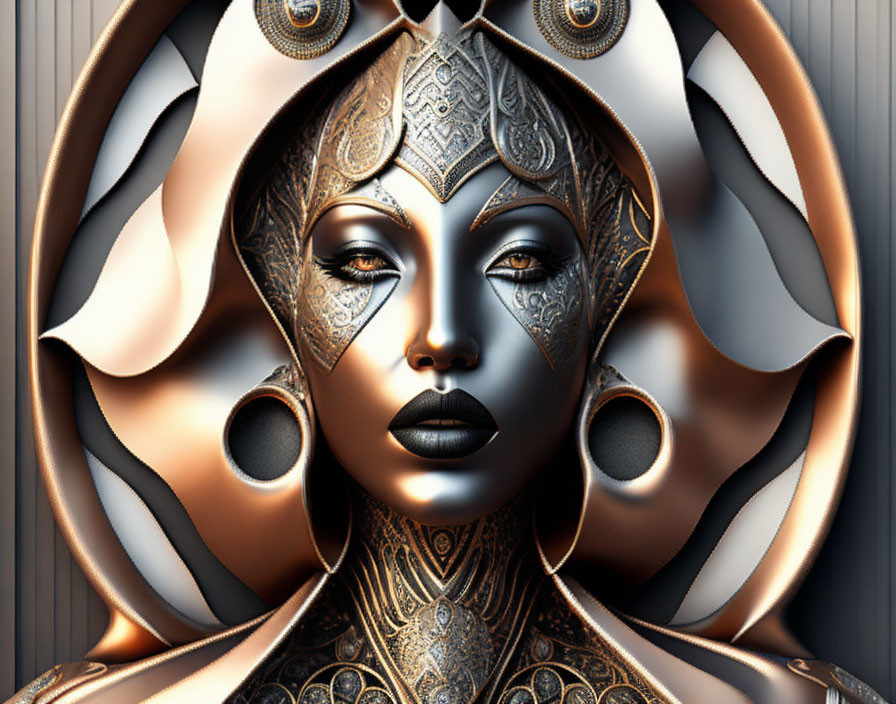 Symmetrical ornate female face with metallic textures and detailed patterns