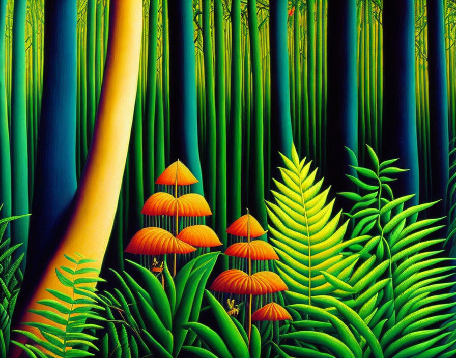 Colorful Bamboo Forest Illustration with Orange Mushrooms