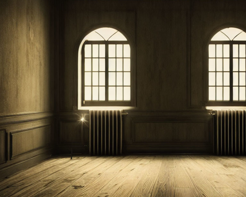 Sunlight through arched windows in empty room with wooden floors