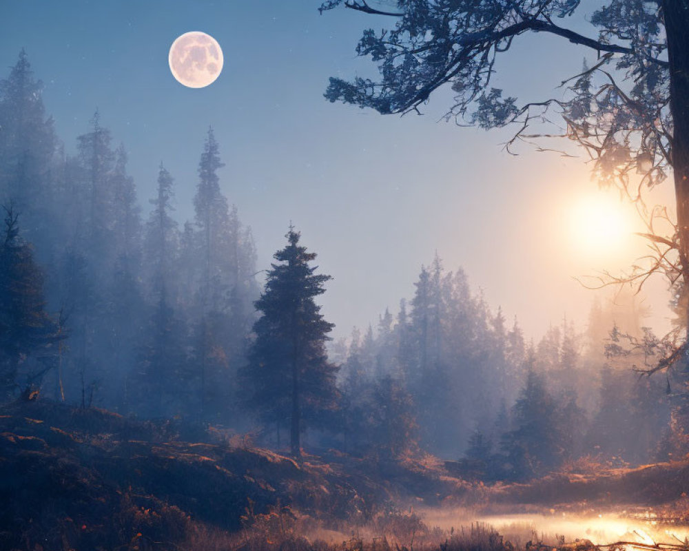 Tranquil night landscape with full moon and misty forest clearing