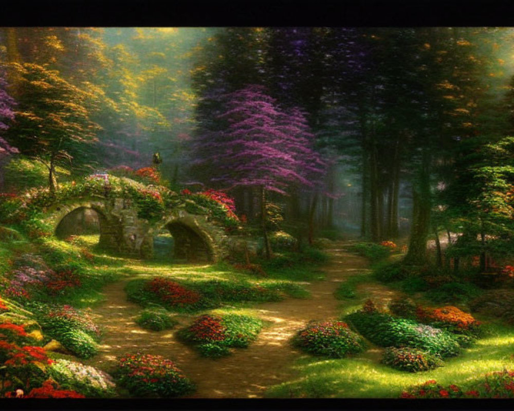 Tranquil forest path with flowers, stone bridge, and sunlight