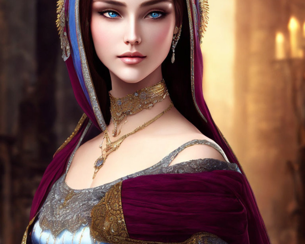 Digital Artwork of Woman in Luxurious Medieval Gown with Striking Blue Eyes