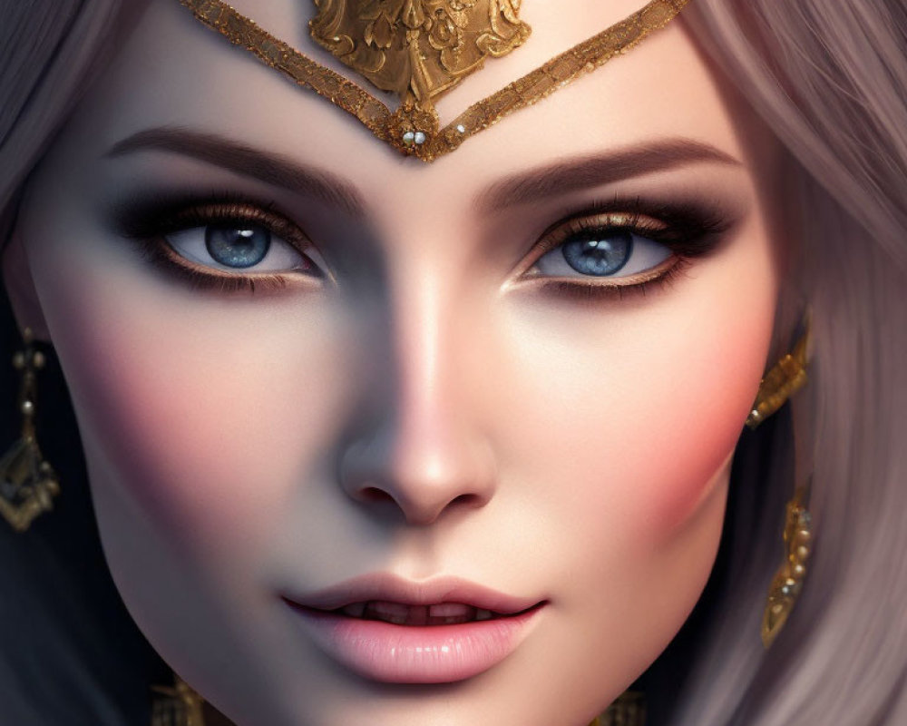 Digital Portrait: Woman with Striking Blue Eyes and Gold Jewelry