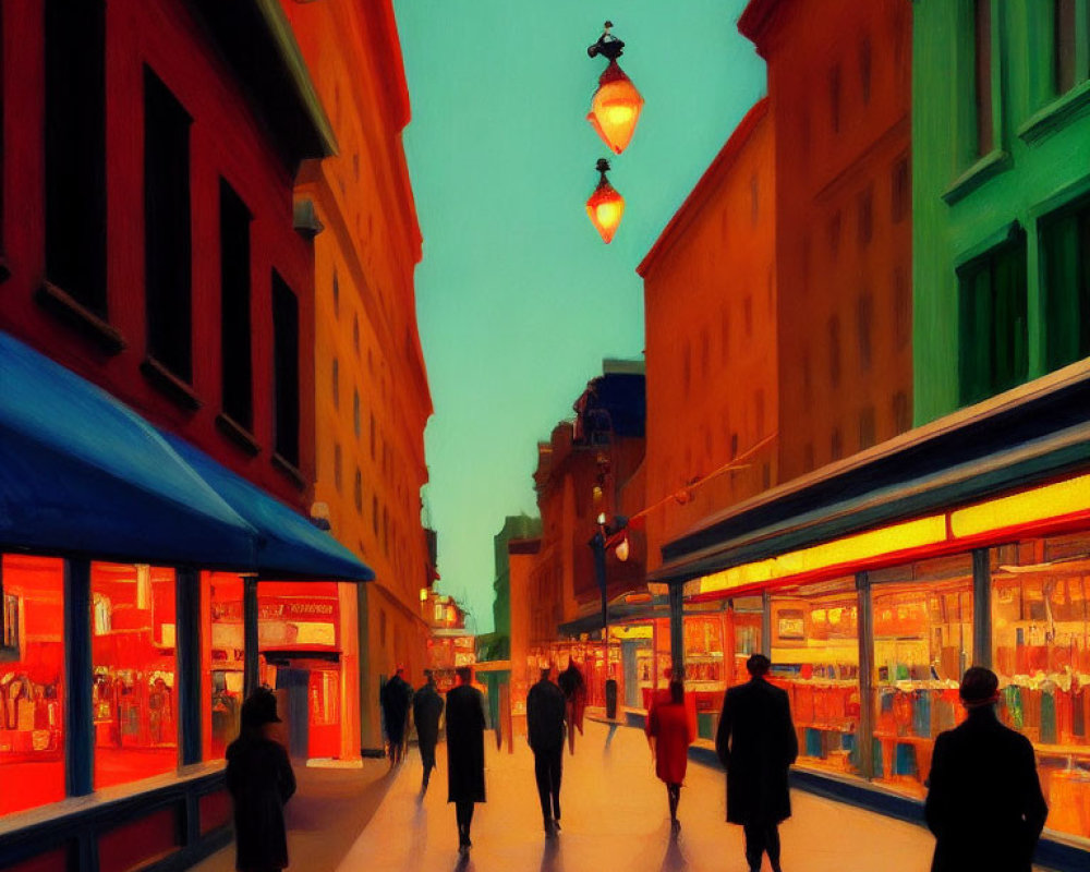 Impressionist-style painting of people on city street at dusk