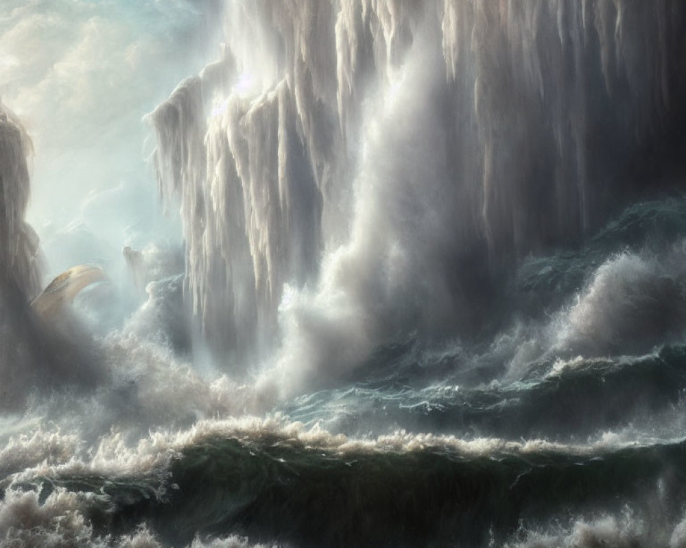 Powerful waterfall cascading in stormy seas under dramatic sky