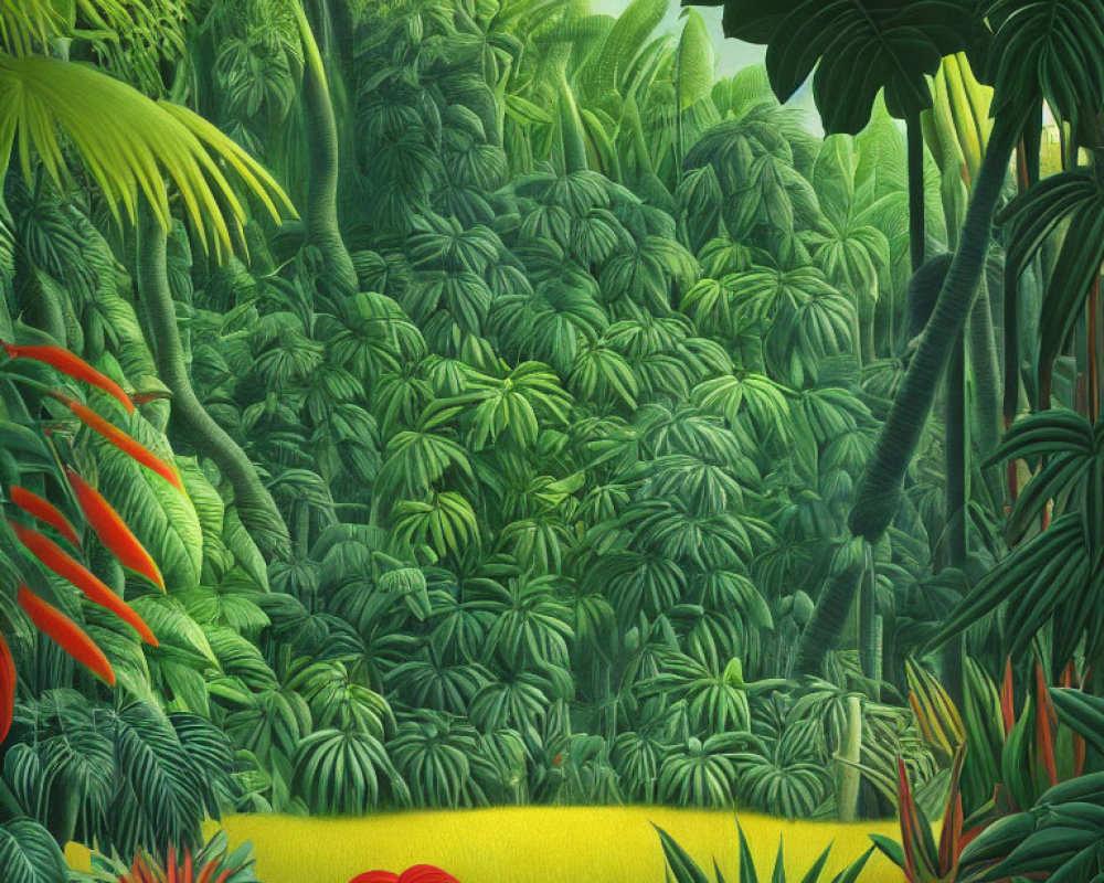 Dense Jungle with Tropical Plants and Red Flowers