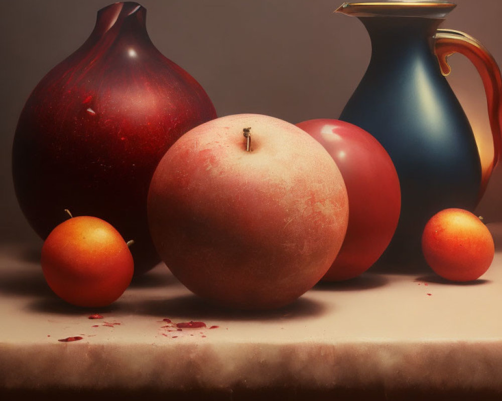 Classic Still Life: Two Vases, Three Citrus Fruits, Dark Background