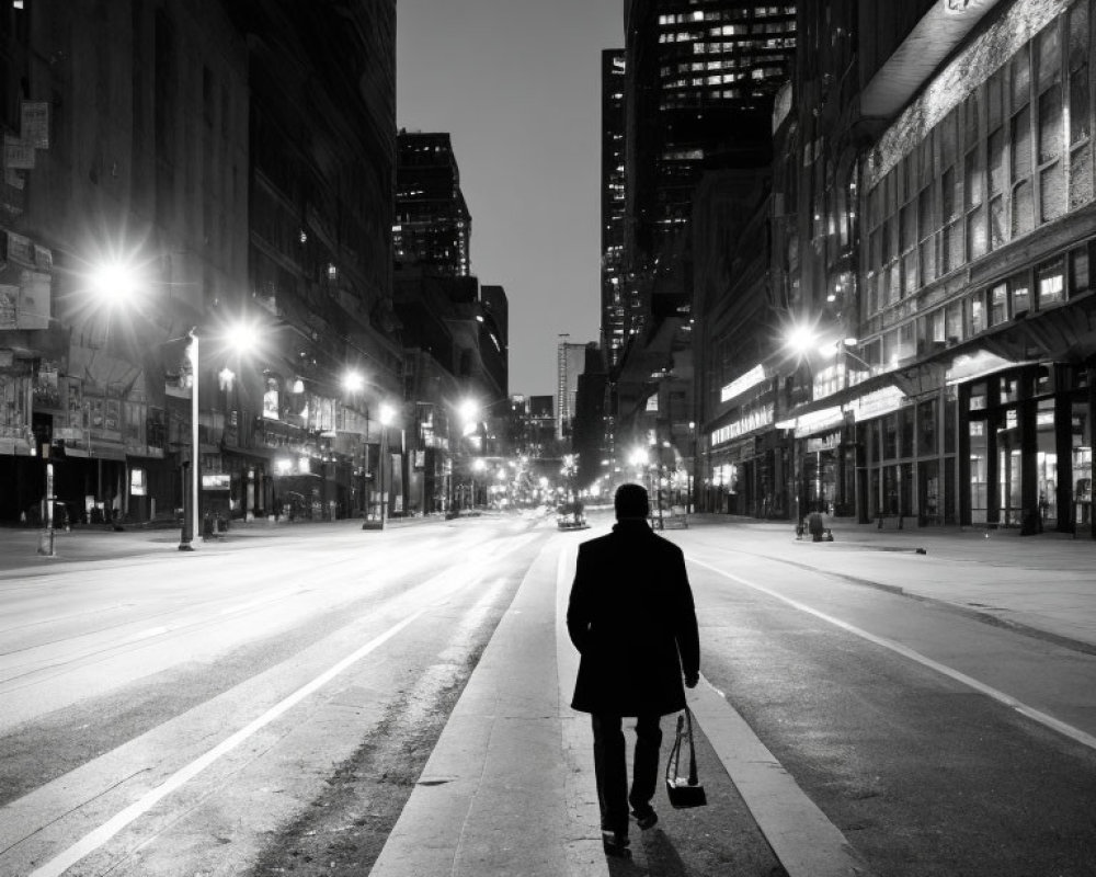 Deserted city street at night with solitary man walking.