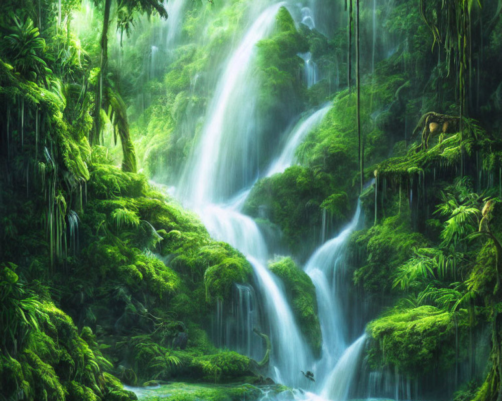 Lush Green Forest with Misty Waterfalls and Moss-Covered Rocks