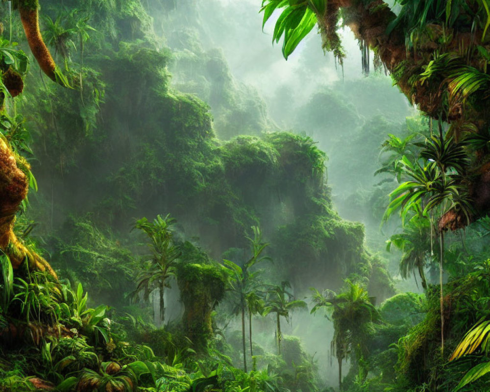 Serene misty jungle with lush green foliage