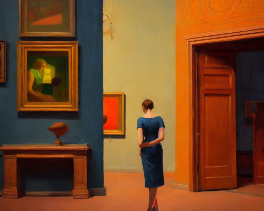 Woman in Blue Dress Contemplates Colorful Art Gallery