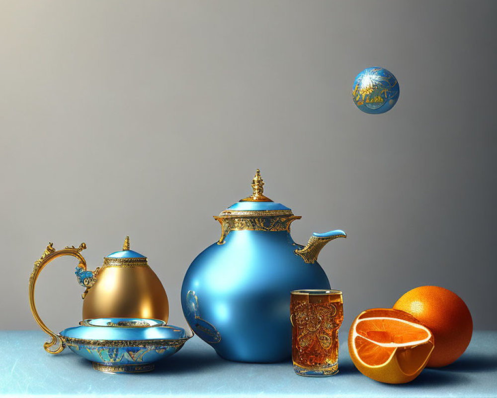 Blue and Gold Teapot, Cup, Orb, and Orange Slice Still Life Composition