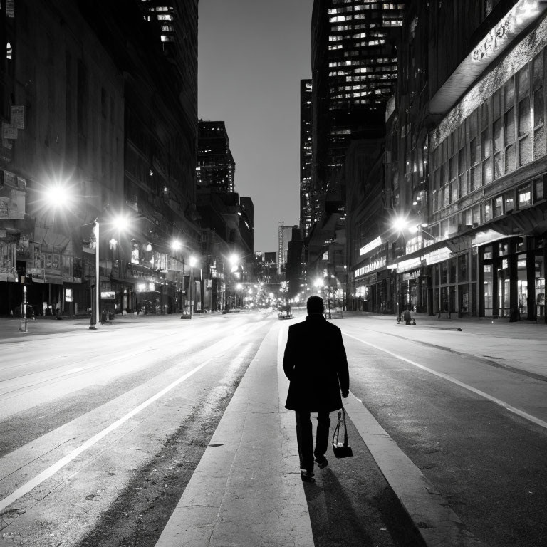 Deserted city street at night with solitary man walking.