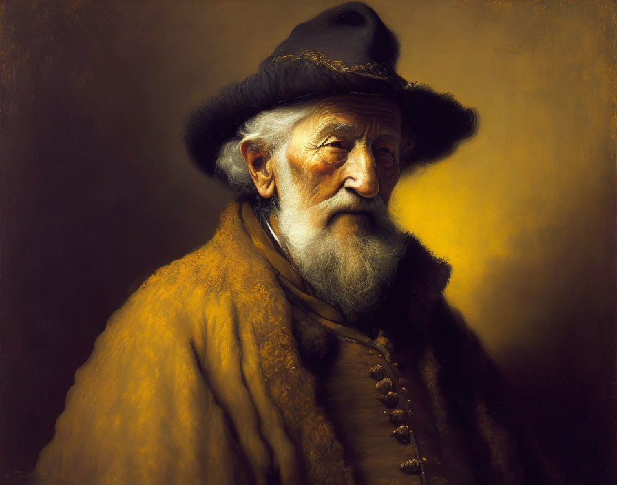 Elderly man with white beard in dark hat and robe gazes thoughtfully.