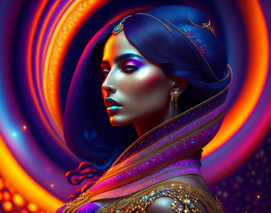 Colorful digital portrait of a woman with blue skin and gold jewelry on swirling backdrop