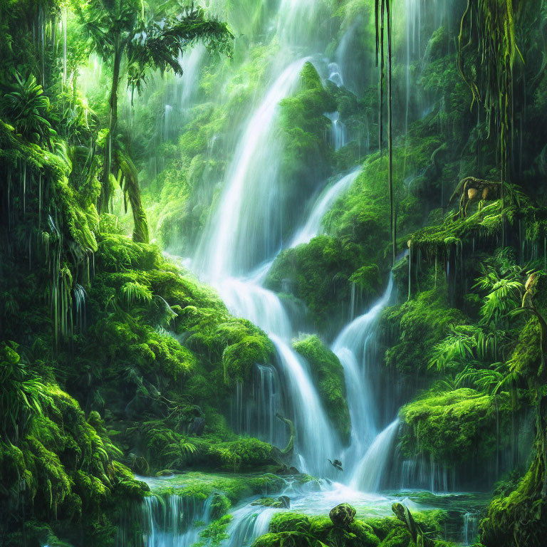 Lush Green Forest with Misty Waterfalls and Moss-Covered Rocks