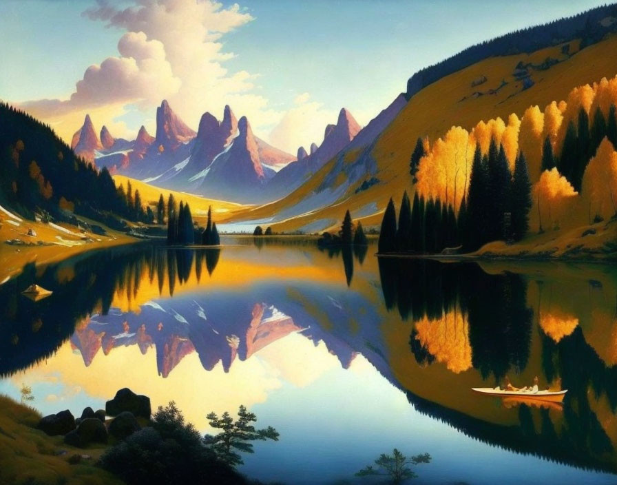 Tranquil lake scene with autumn trees, mountains, and boat at sunrise or sunset