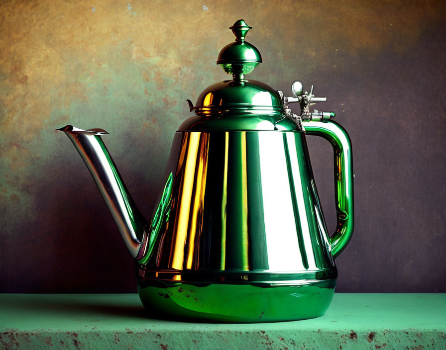 Shiny Green Metal Teapot with Spout and Handle on Textured Brown Background