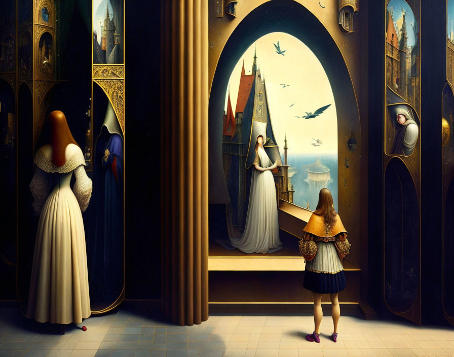 Young girl mesmerized by surreal scene with multiple doorways and captivating landscape.