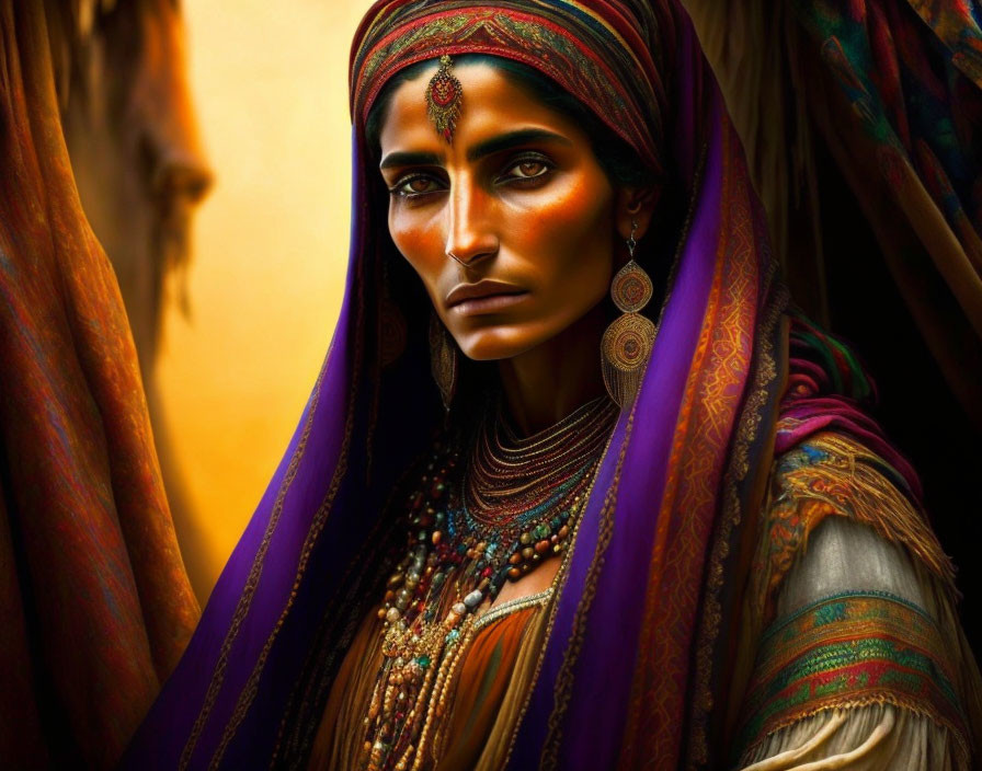 Vibrant portrait of a woman in traditional attire with striking eyes