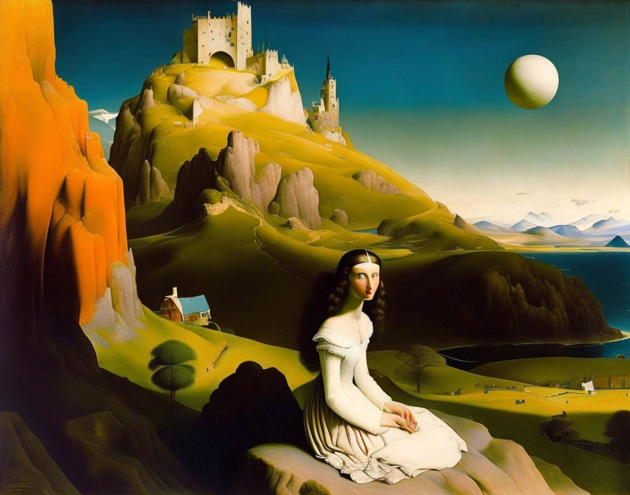 Surreal painting of woman in fantastical landscape