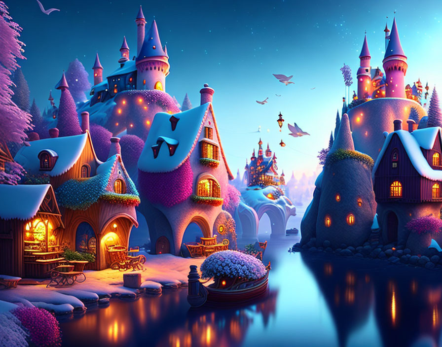 Snow-covered whimsical houses and castles in vibrant colors under a starry sky with a serene river