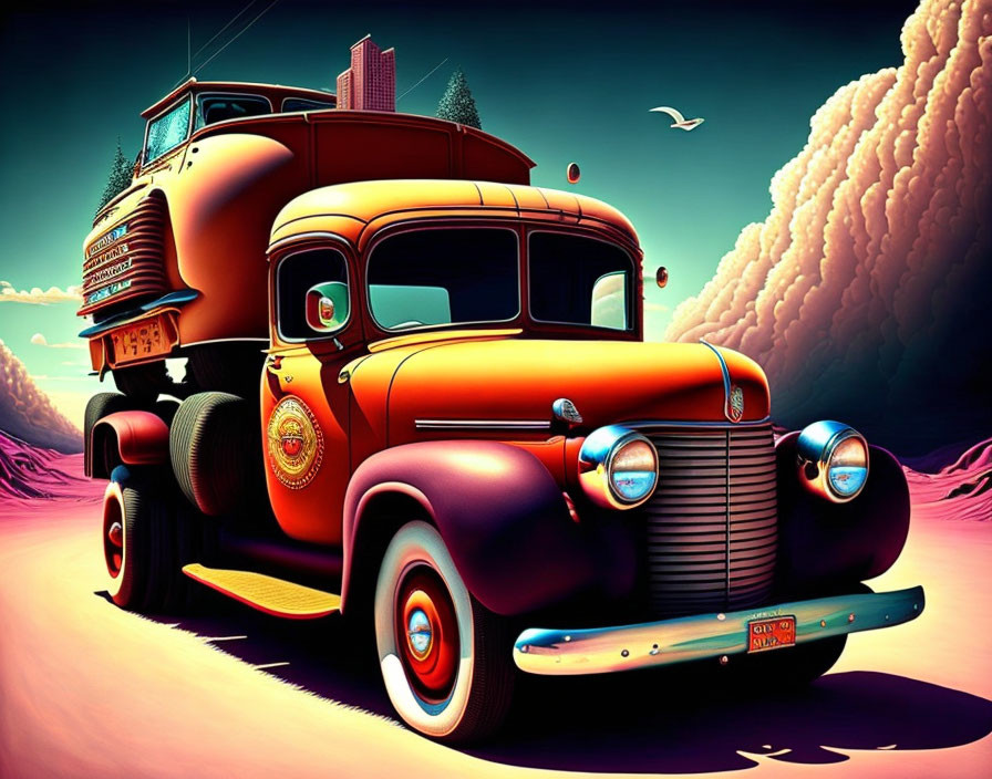 Colorful illustration of oversized truck on deserted road with surreal clouds and flying seagull