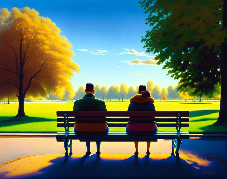 Tranquil autumn scene: Two people on park bench, vibrant yellow trees, clear sunset sky