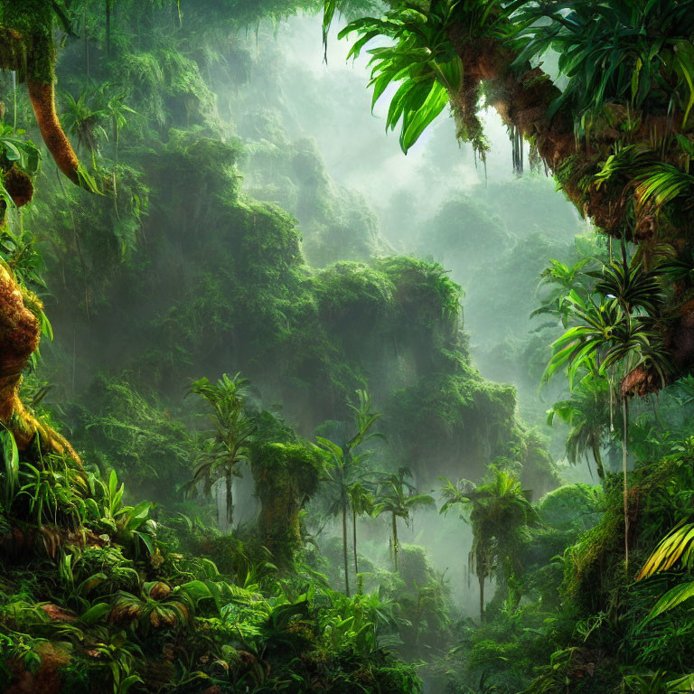 Serene misty jungle with lush green foliage