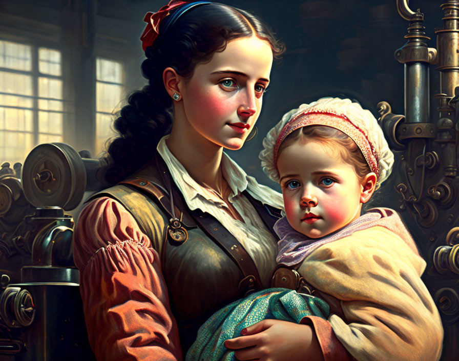 Digital painting of woman in period attire with child against industrial backdrop