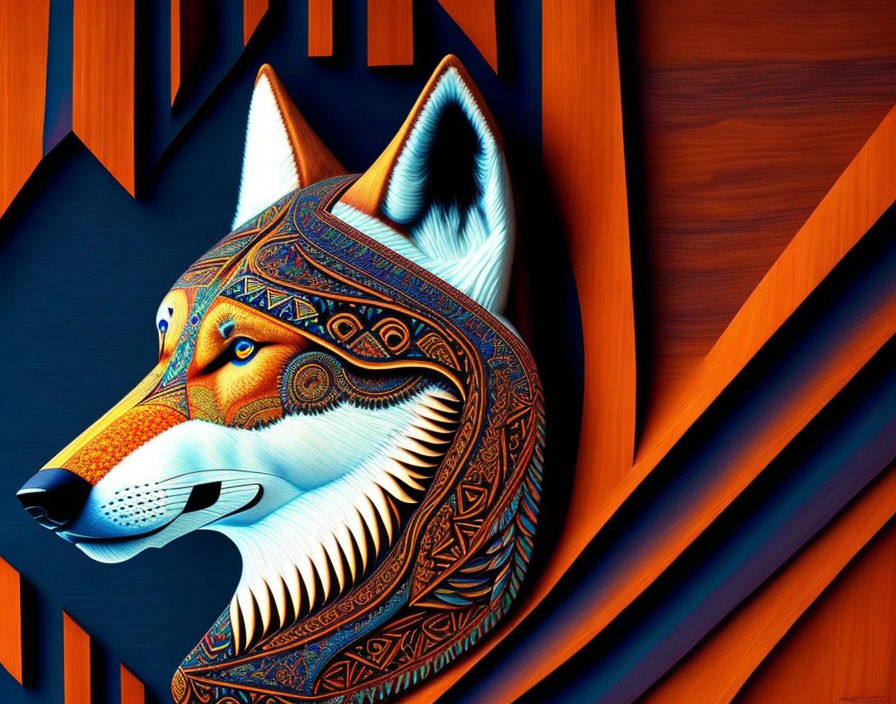 Colorful Stylized Fox Head Artwork with Blue and Orange Patterns