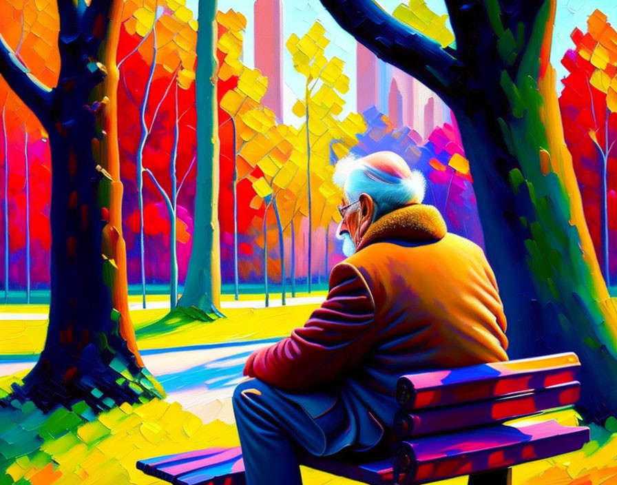 Elderly Person Sitting on Bench in Colorful Autumn Park