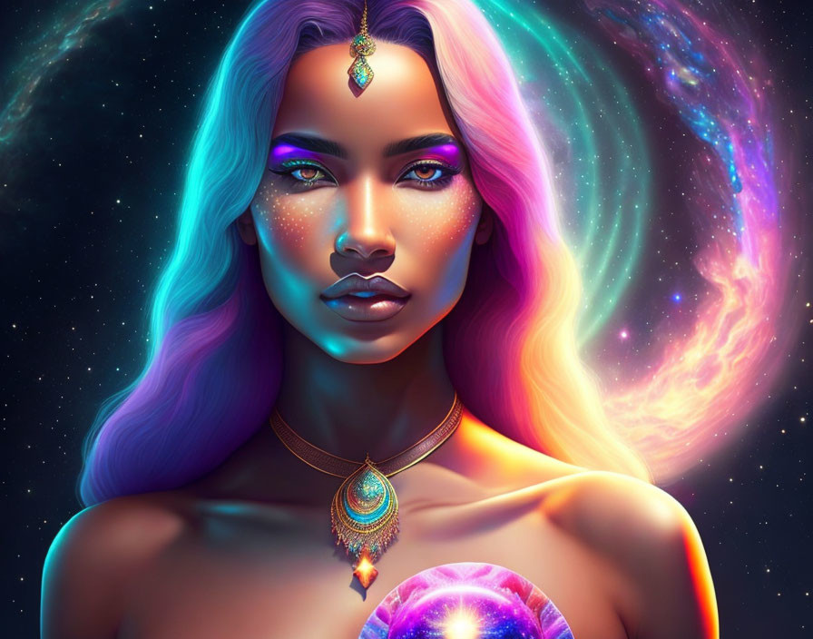 Colorful digital portrait of woman with multicolored hair and cosmic background.