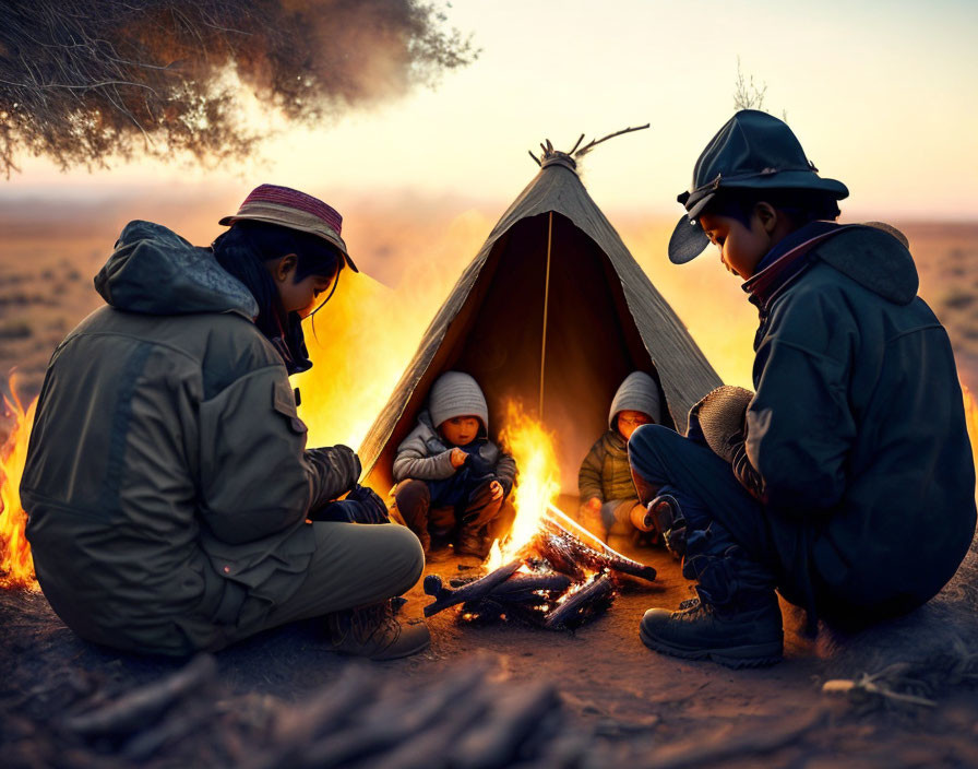 Three people at desert campfire with tent at twilight