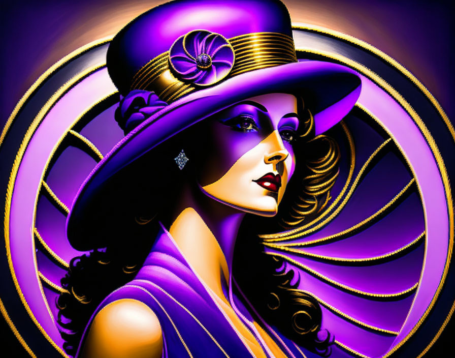 Art Deco Style Woman Illustration with Wide-Brimmed Hat and Purple Dress