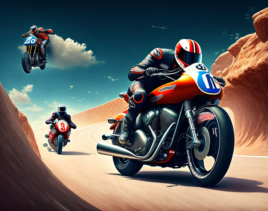 Three motorcyclists racing in desert landscape with rock formations and clear sky