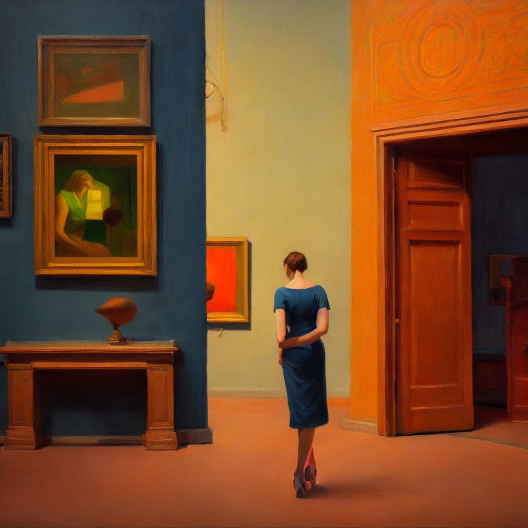 Woman in Blue Dress Contemplates Colorful Art Gallery