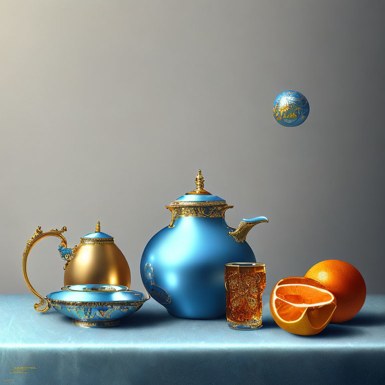 Blue and Gold Teapot, Cup, Orb, and Orange Slice Still Life Composition