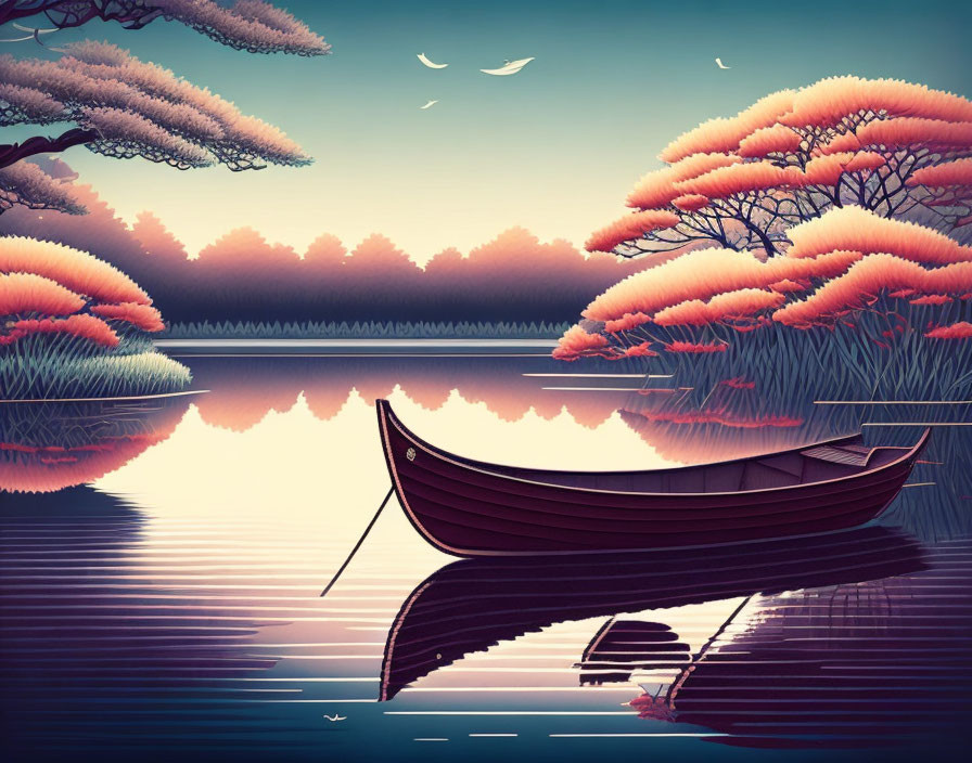 Tranquil digital artwork: wooden boat on calm waters with pink trees & sunset