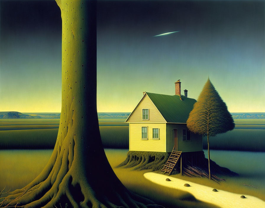 Surreal painting of tree trunk, small house, ladder, and shooting star under twilight sky