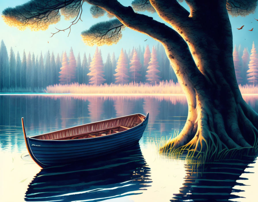 Tranquil lakeside scene with tree, boat, and twilight sky