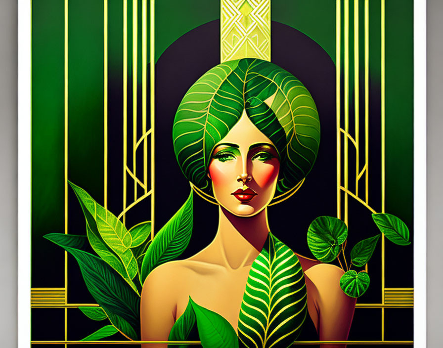 Art Deco Woman Illustration with Green Foliage & Geometric Patterns