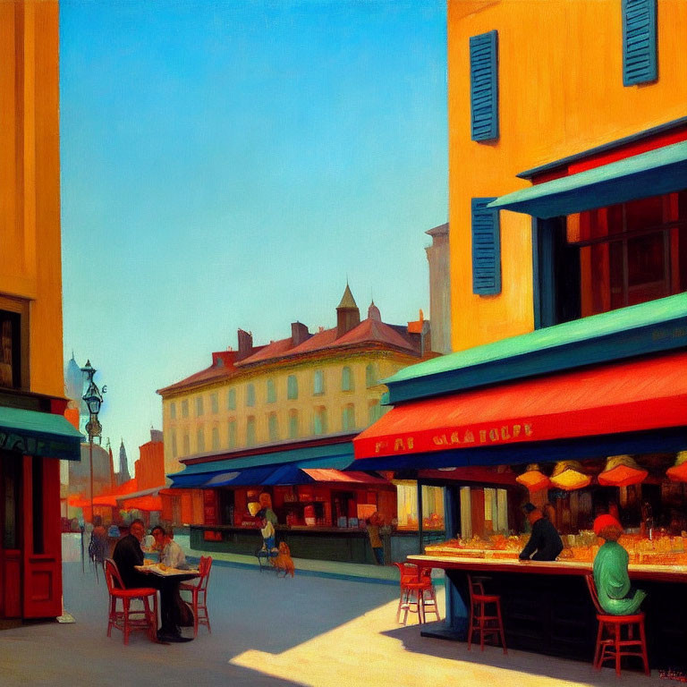 Colorful outdoor café scene with people under awnings and vibrant buildings.